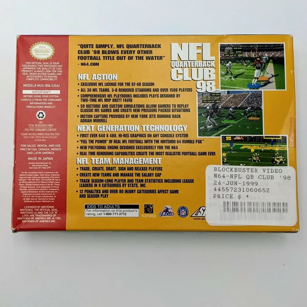 NFL Quarterback Club 98 (N64) - Loose with Box (Acclaim, 1997) Nintendo 64